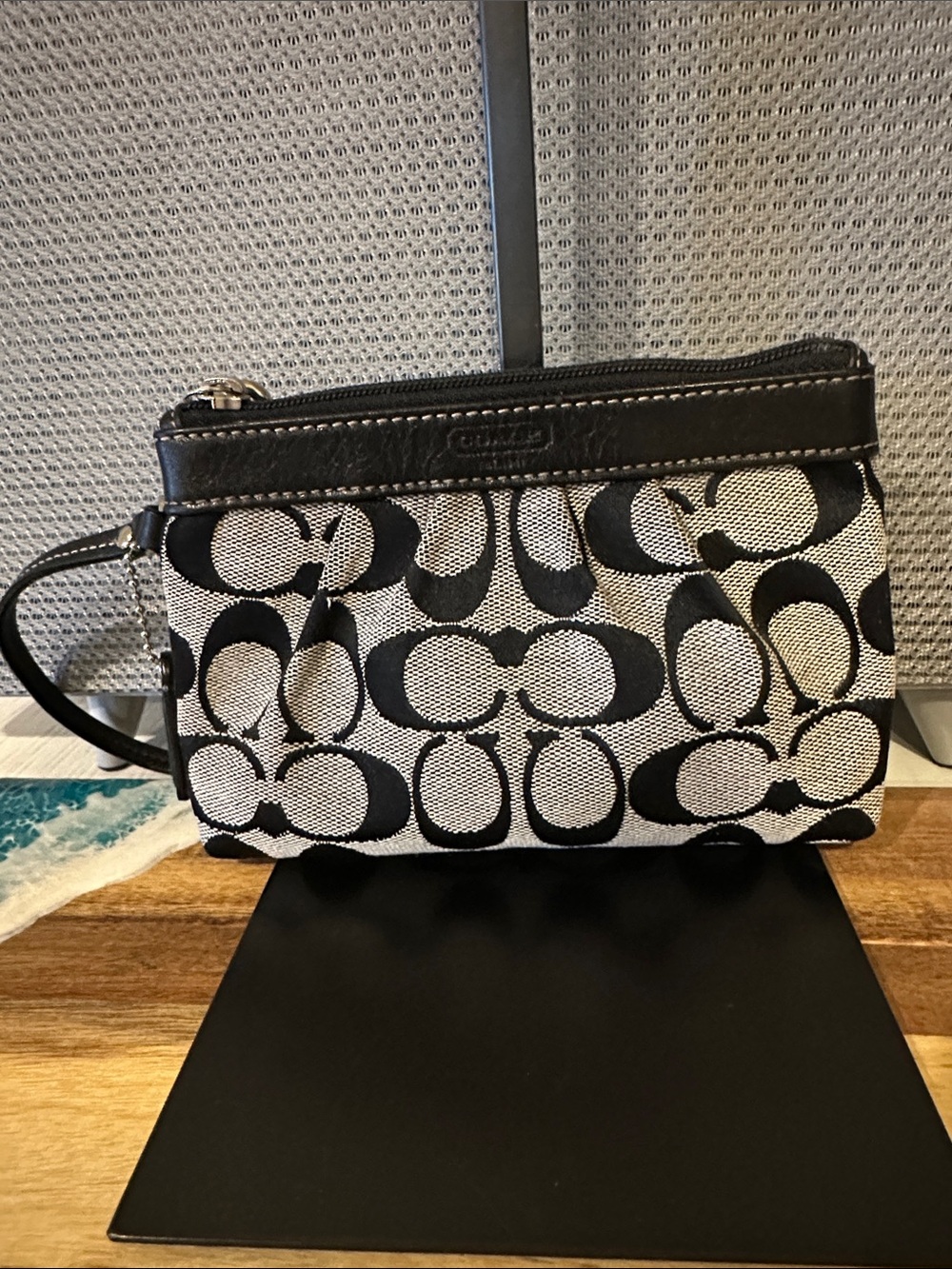 Coach Black and Cream Signature Canvas Wristlet